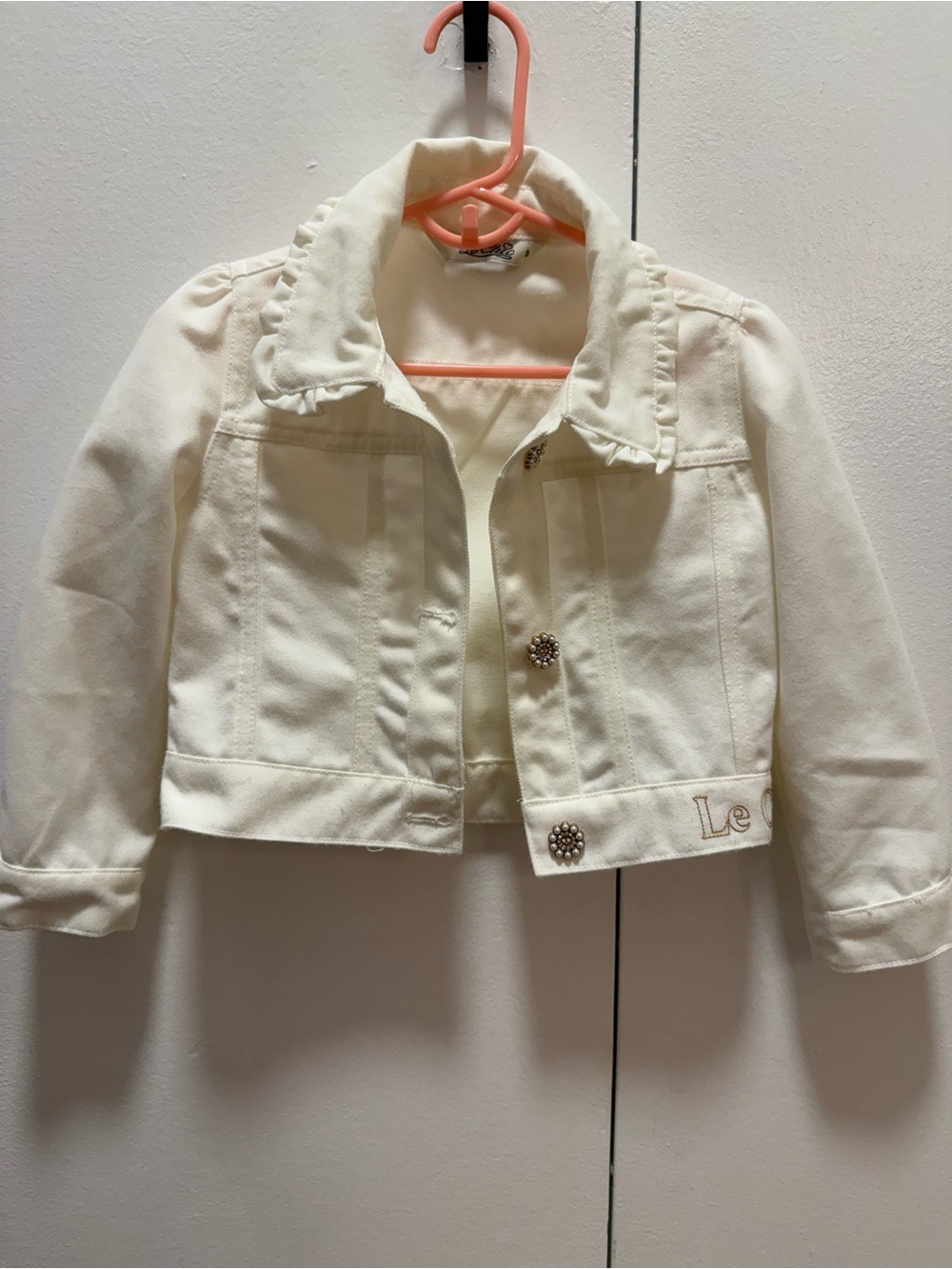 Kids White Jean Jacket with Ruffle Collar